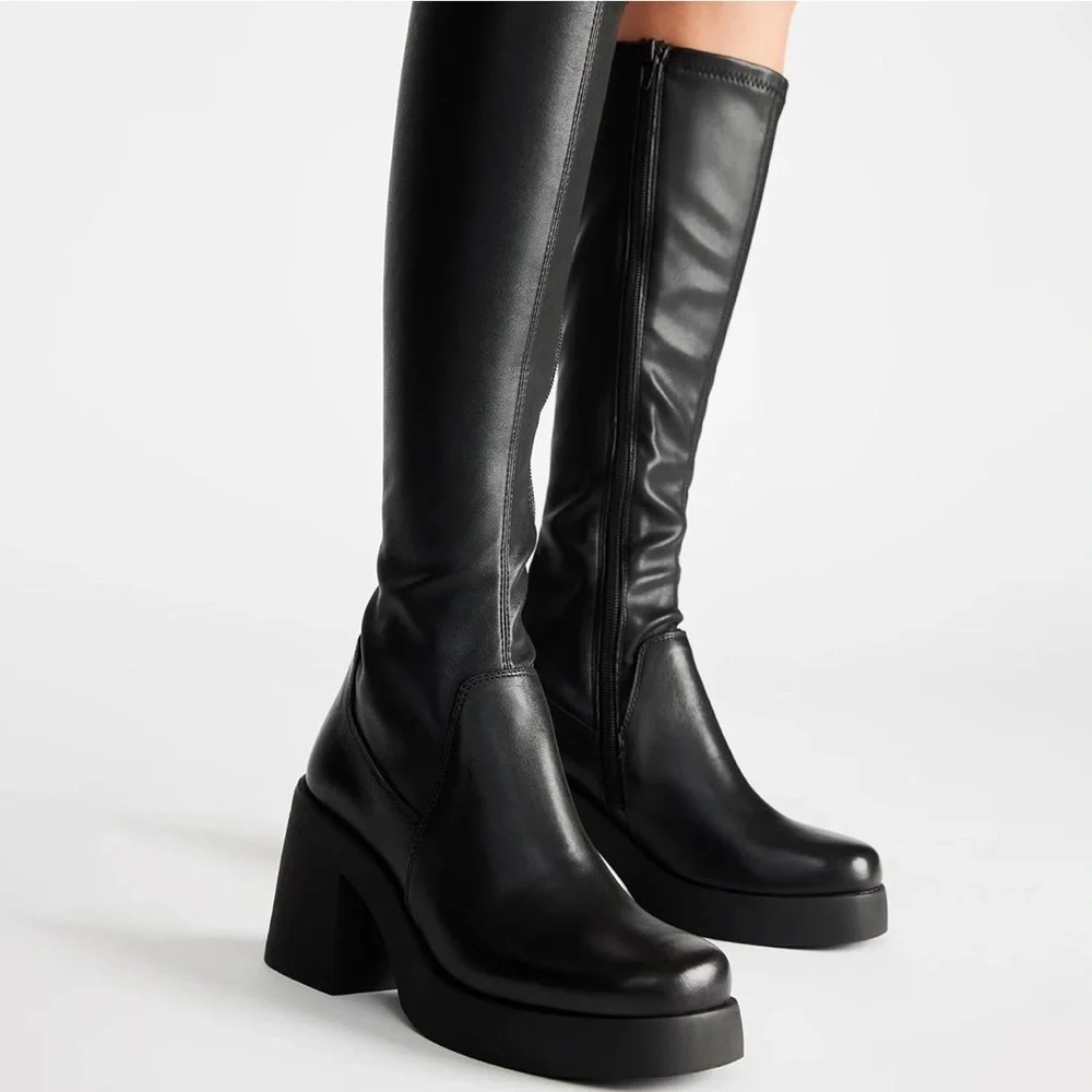 Black Knee-High Platform Boots Size 7.5 Chunky Heel Zip Up – NIB - Picture 1 of 4